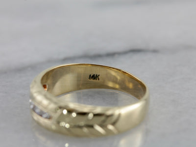 Handsome Unisex Diamond Wedding Band with Hand Engraved Pattern