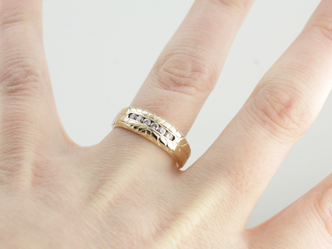 Handsome Unisex Diamond Wedding Band with Hand Engraved Pattern