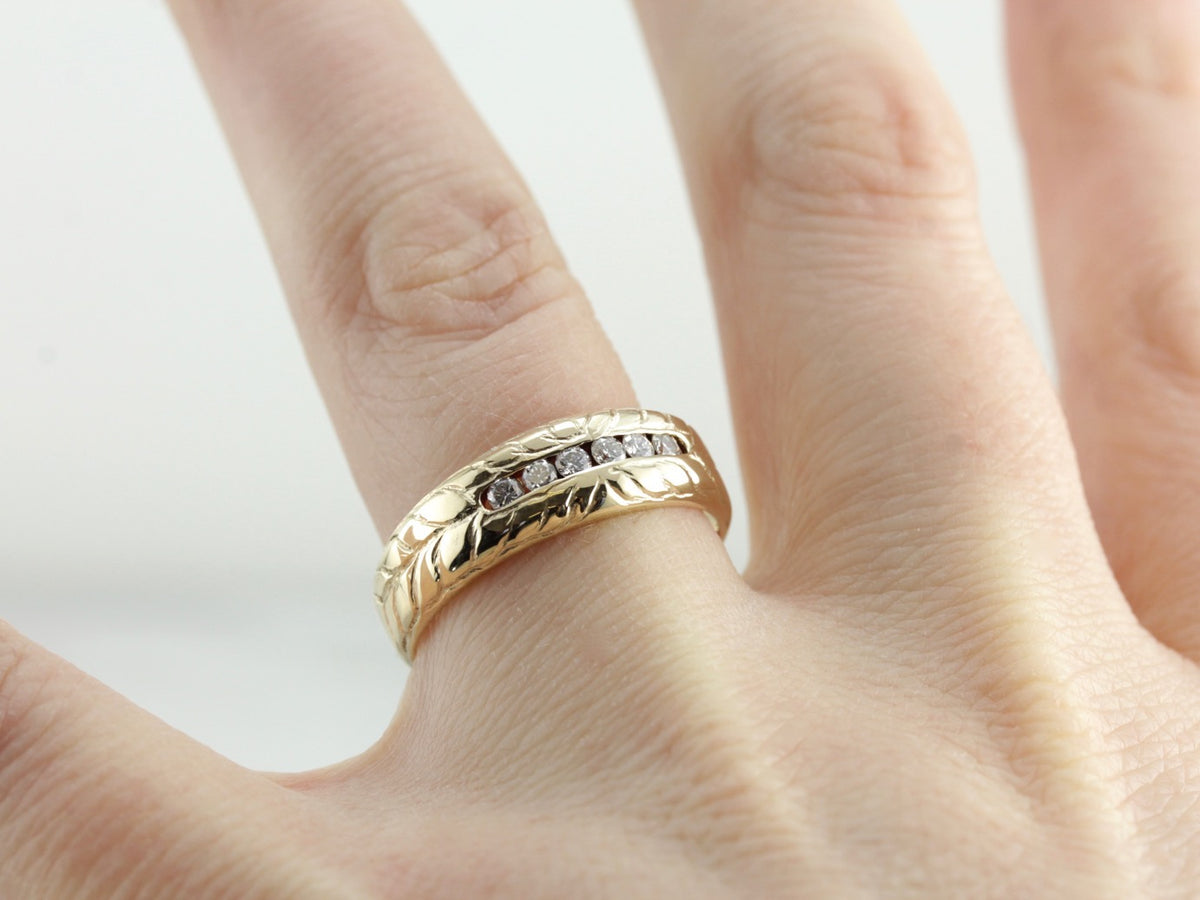 Handsome Unisex Diamond Wedding Band with Hand Engraved Pattern