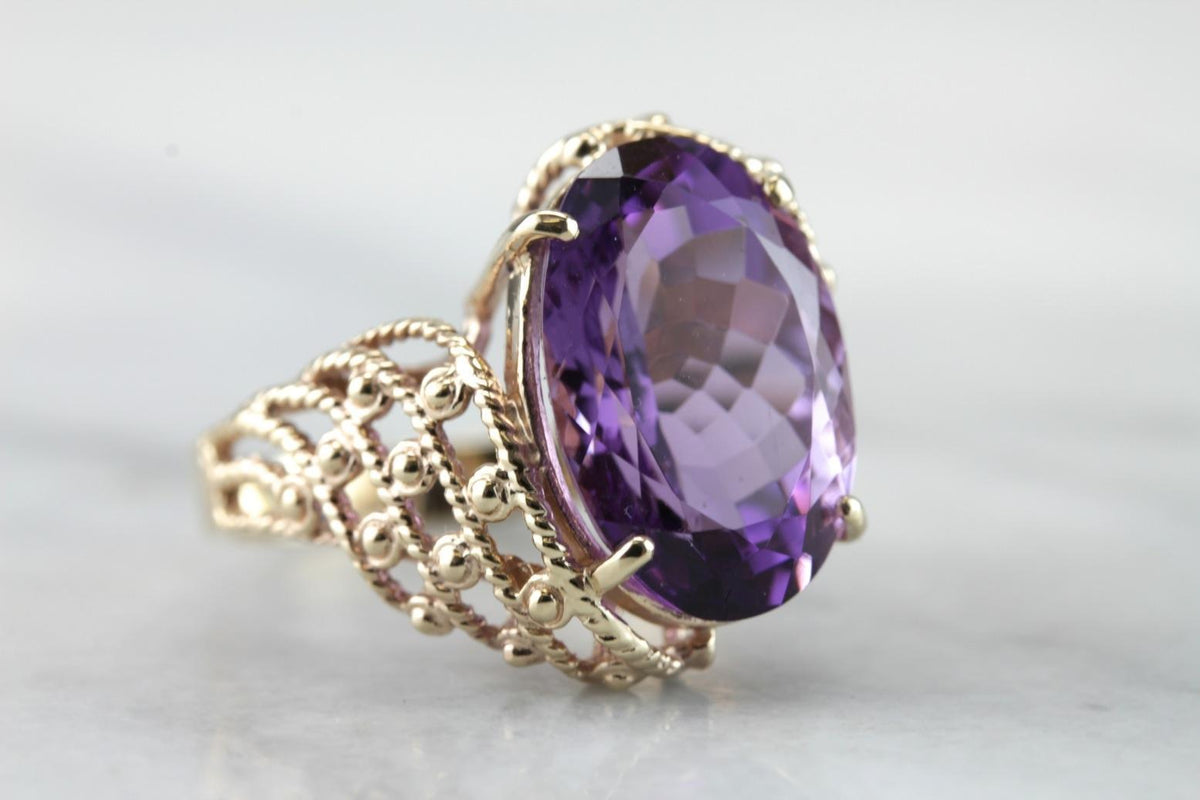 Vintage Mid Century Amethyst Gold Filigree Cocktail Ring
