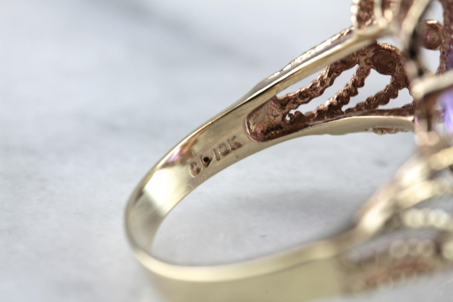 Vintage Mid Century Amethyst Gold Filigree Cocktail Ring