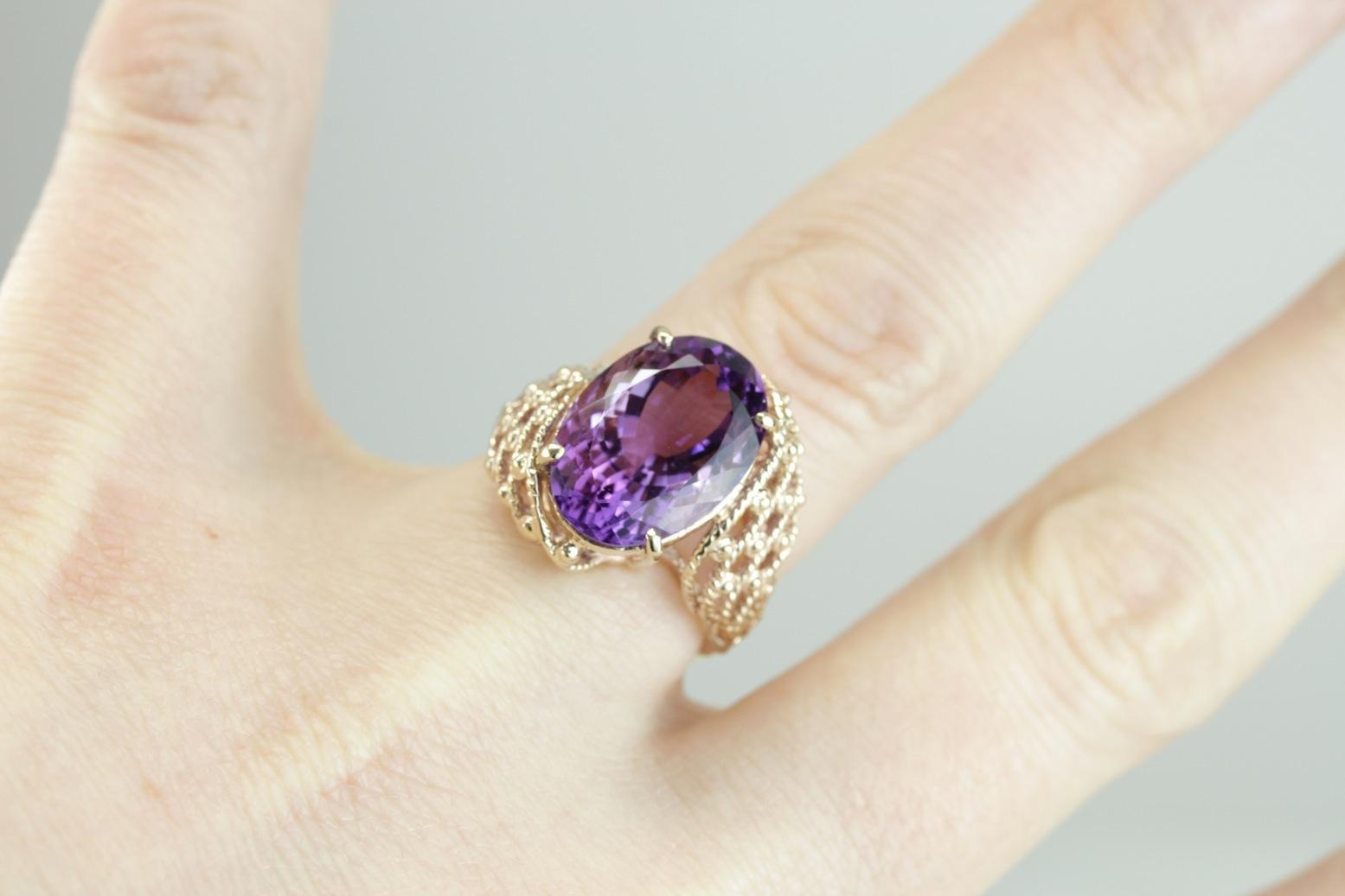 Vintage Mid Century Amethyst Gold Filigree Cocktail Ring