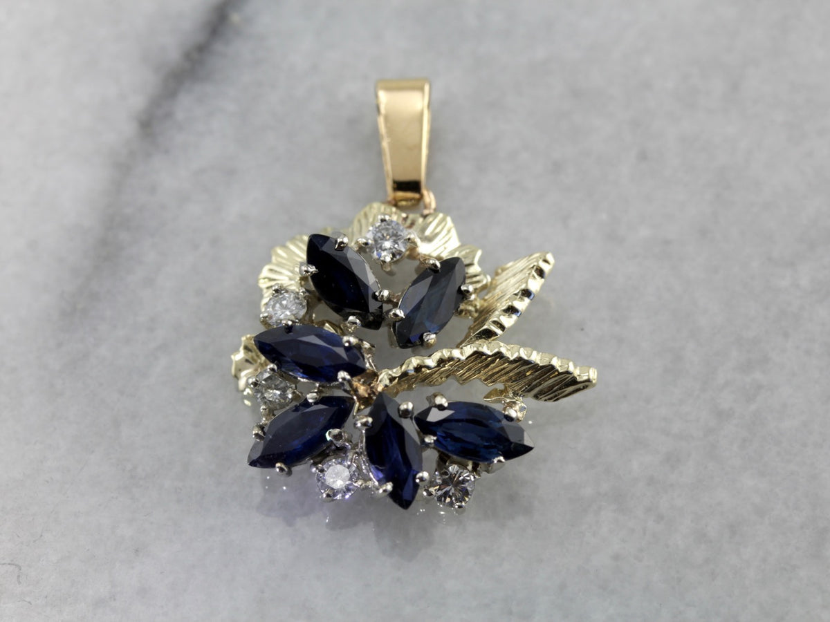 Colgante adornado de zafiro y diamantes, intensamente azul, colgante de cóctel brillante