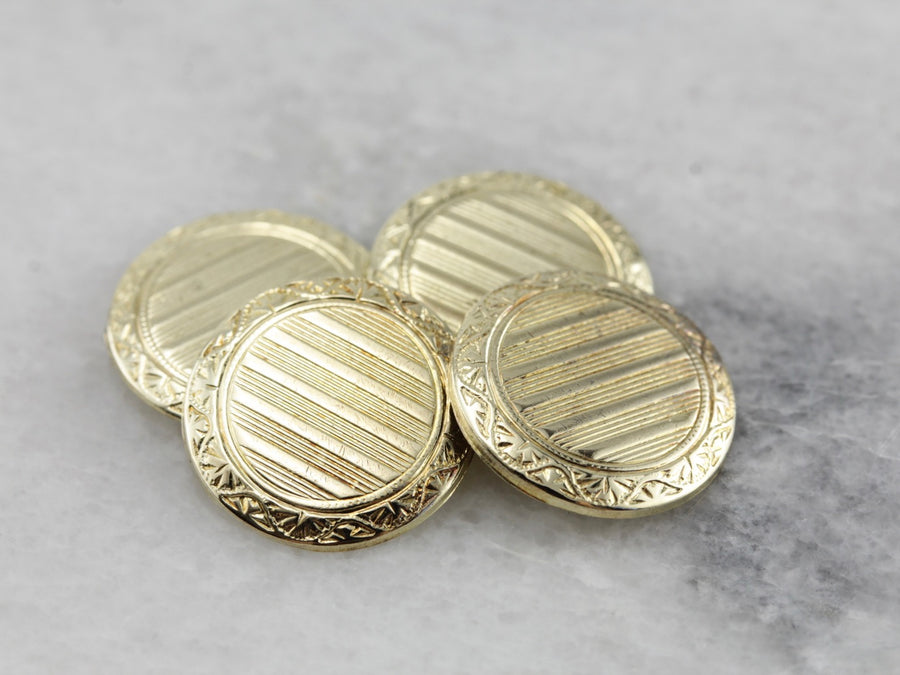 Late Art Deco Etched Cufflinks in Yellow Gold, Fantastic Pinstripe Design