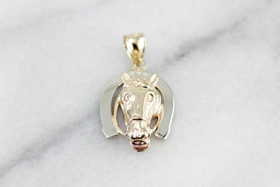 Horse and Horseshoe Pendant, Equestrian Good Luck Pendant in Yellow and White Gold, Beautifully Detailed for your Cowgirl!