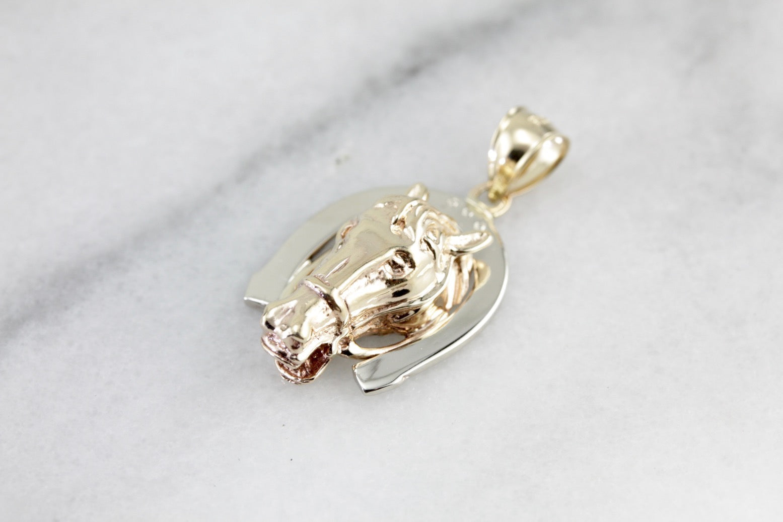 Colgante de caballo y herradura, colgante ecuestre de buena suerte en oro amarillo y blanco, ¡bellamente detallado para tu vaquera!
