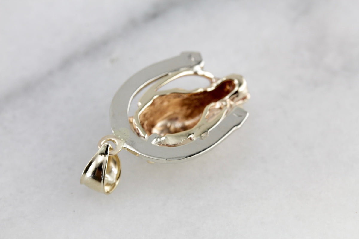 Colgante de caballo y herradura, colgante ecuestre de buena suerte en oro amarillo y blanco, ¡bellamente detallado para tu vaquera!