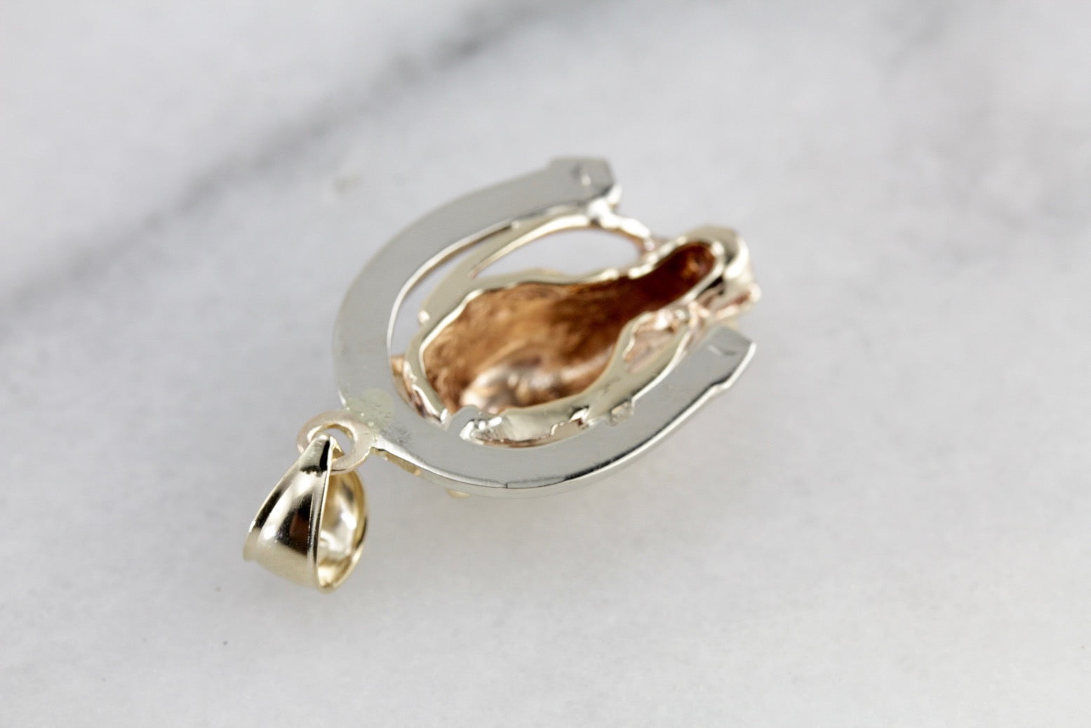 Colgante de caballo y herradura, colgante ecuestre de buena suerte en oro amarillo y blanco, ¡bellamente detallado para tu vaquera!