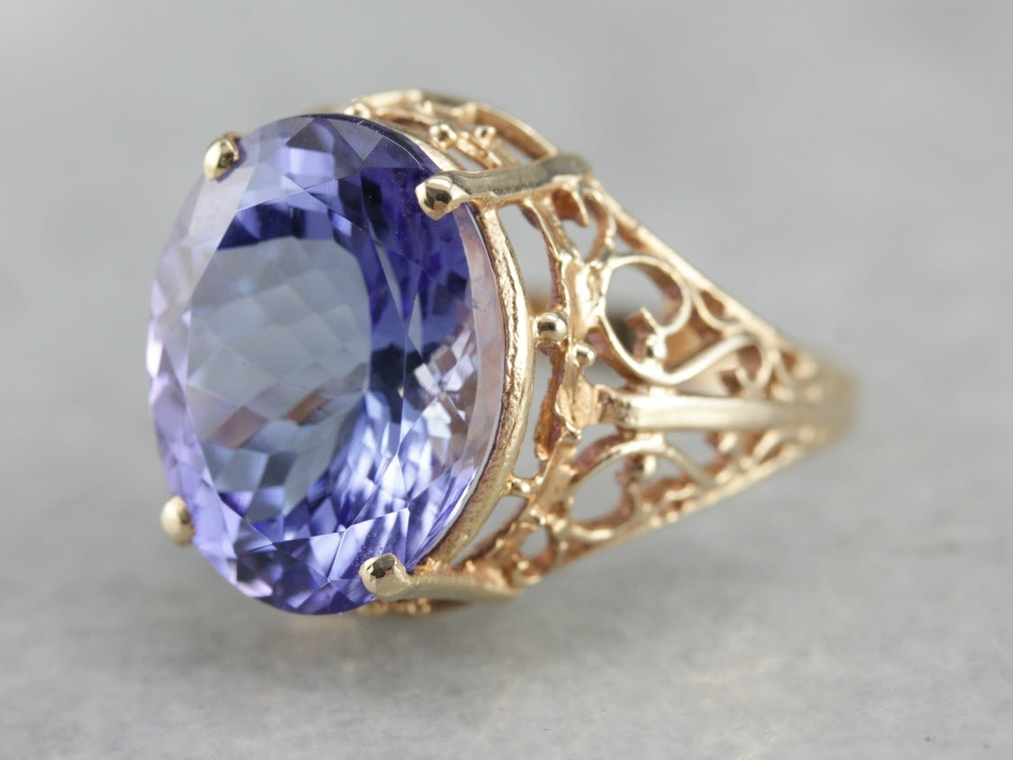 Fine Tanzanite Gold Filigree Cocktail Ring