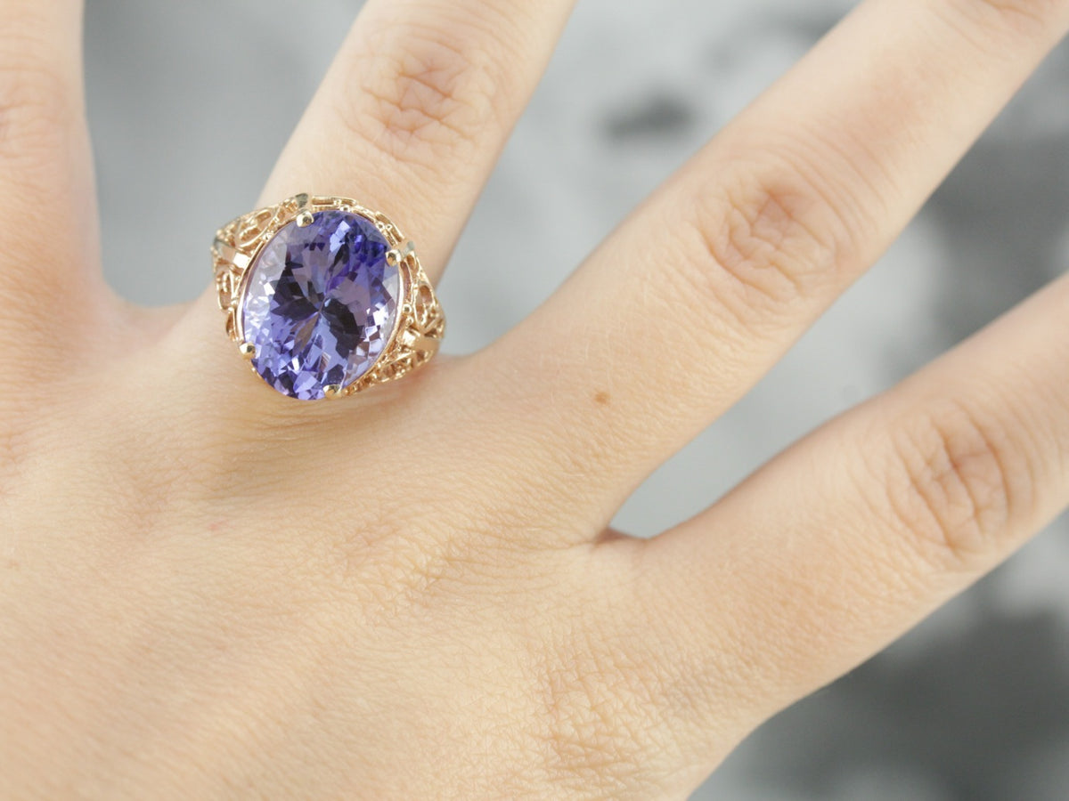 Fine Tanzanite Gold Filigree Cocktail Ring