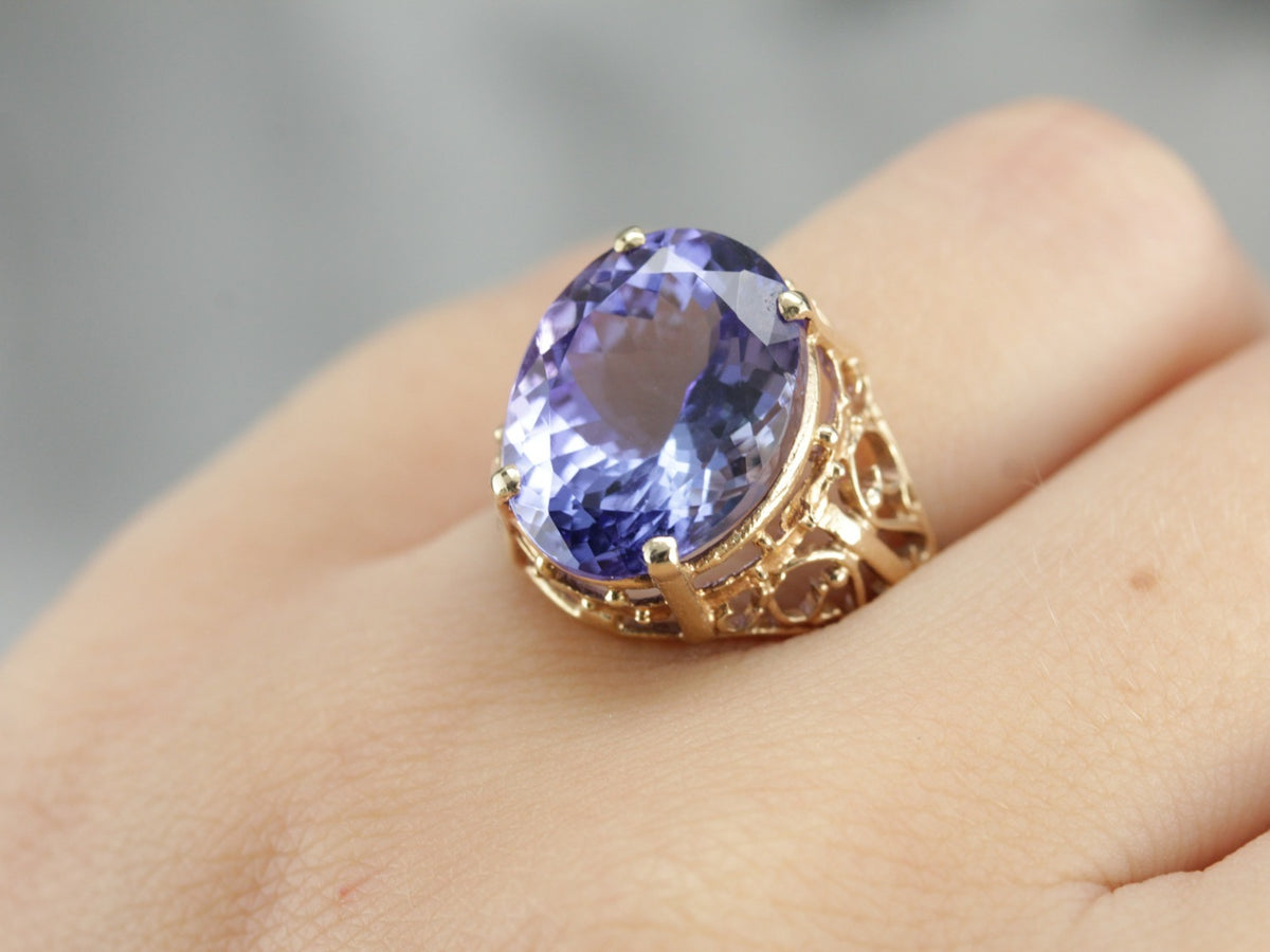 Fine Tanzanite Gold Filigree Cocktail Ring