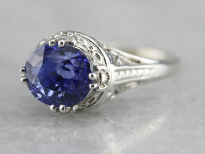 Art Deco White Gold Filigree Ceylon Sapphire Engagement Ring