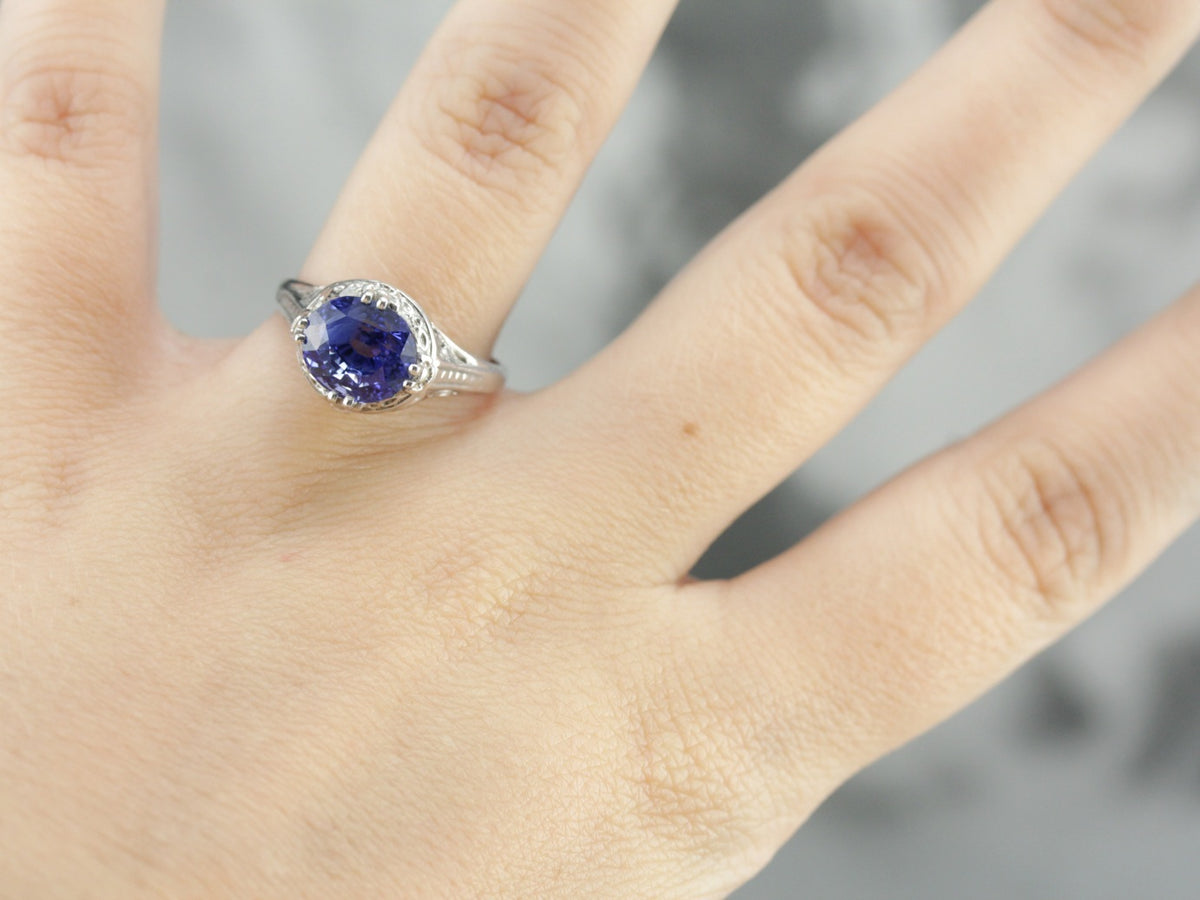 Art Deco White Gold Filigree Ceylon Sapphire Engagement Ring