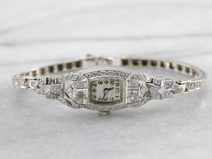 Vintage Ladies Wrist Watch by Hamilton Watch Co., Platinum and Diamond Watch