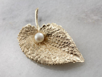 Realistic Vintage Aspen Leaf Brooch with Cultured Pearl Accent
