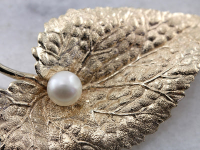 Realistic Vintage Aspen Leaf Brooch with Cultured Pearl Accent