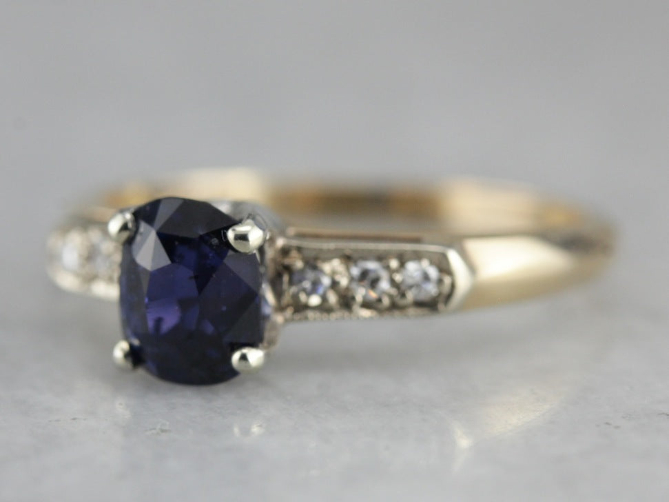 Sapphire and Diamond Retro Era Engagement Ring
