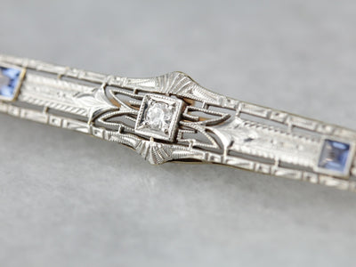 Platinum and Gold, Sapphire Bar Pin with Diamonds