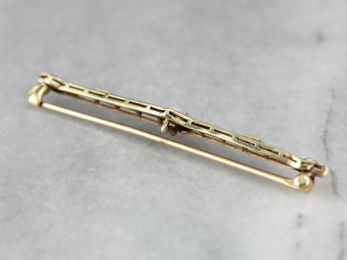 Platinum and Gold, Sapphire Bar Pin with Diamonds