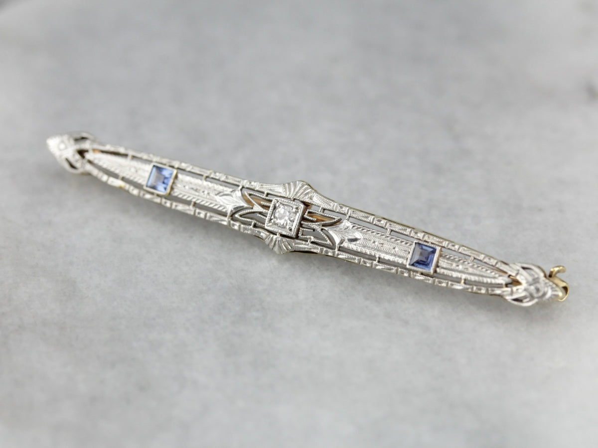 Platinum and Gold, Sapphire Bar Pin with Diamonds