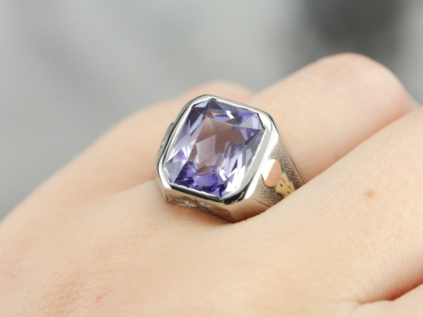 Art Deco Amethyst Glass White Gold Statement Ring