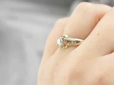 Diamond Solitaire Green Gold Engraved Engagement Ring