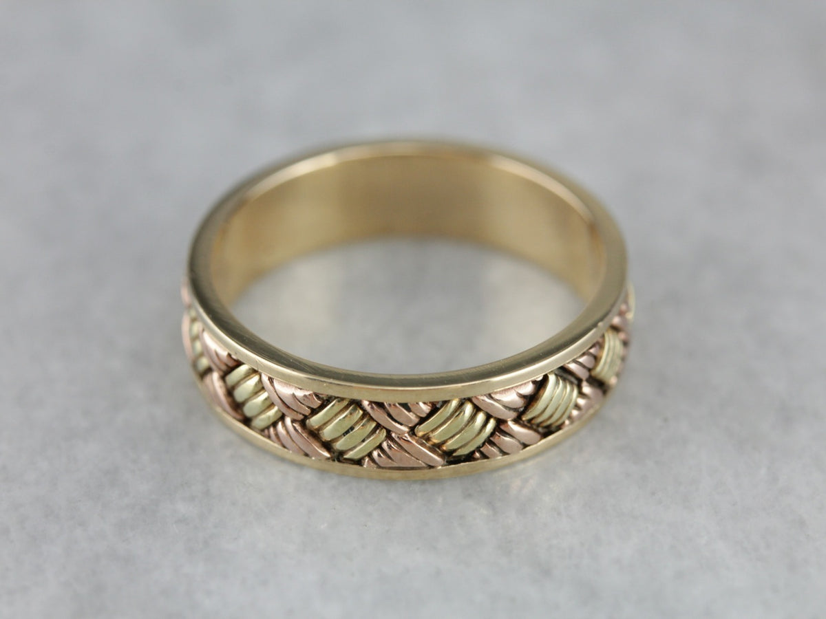 Vintage Woven Patterned Tri Color Gold Band