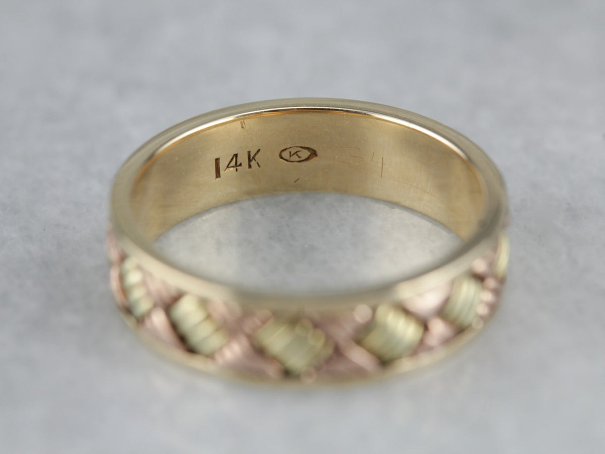 Vintage Woven Patterned Tri Color Gold Band