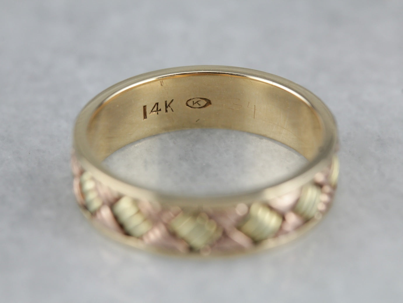 Vintage Woven Patterned Tri Color Gold Band
