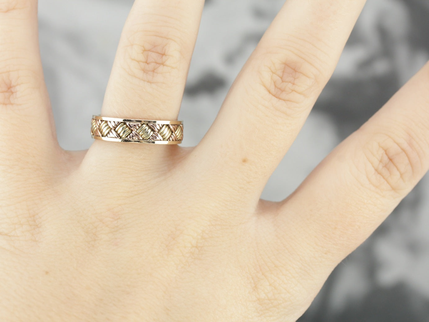 Vintage Woven Patterned Tri Color Gold Band