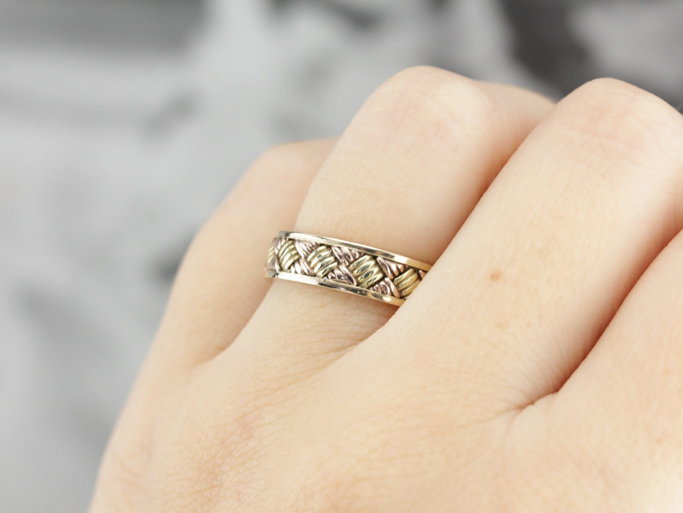 Vintage Woven Patterned Tri Color Gold Band