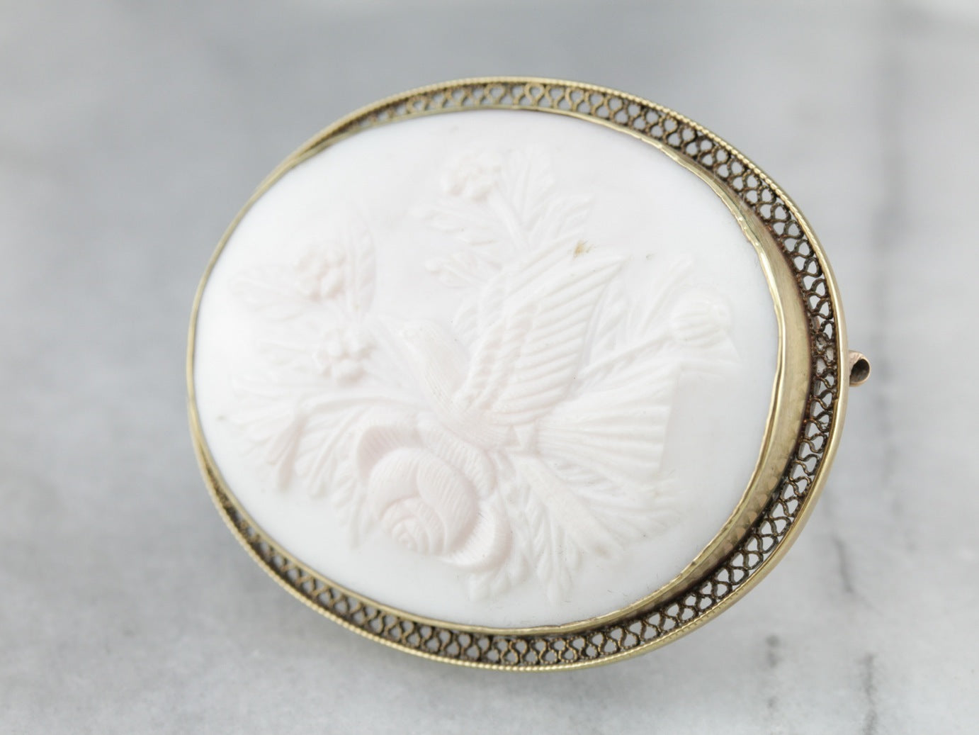 Exquisite Bird and Floral Bouquet Cameo Brooch