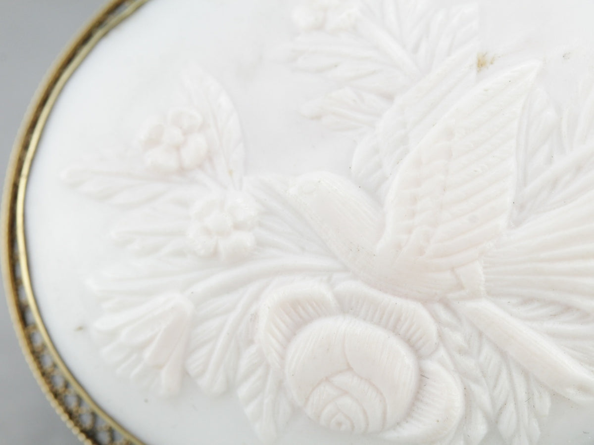 Exquisite Bird and Floral Bouquet Cameo Brooch