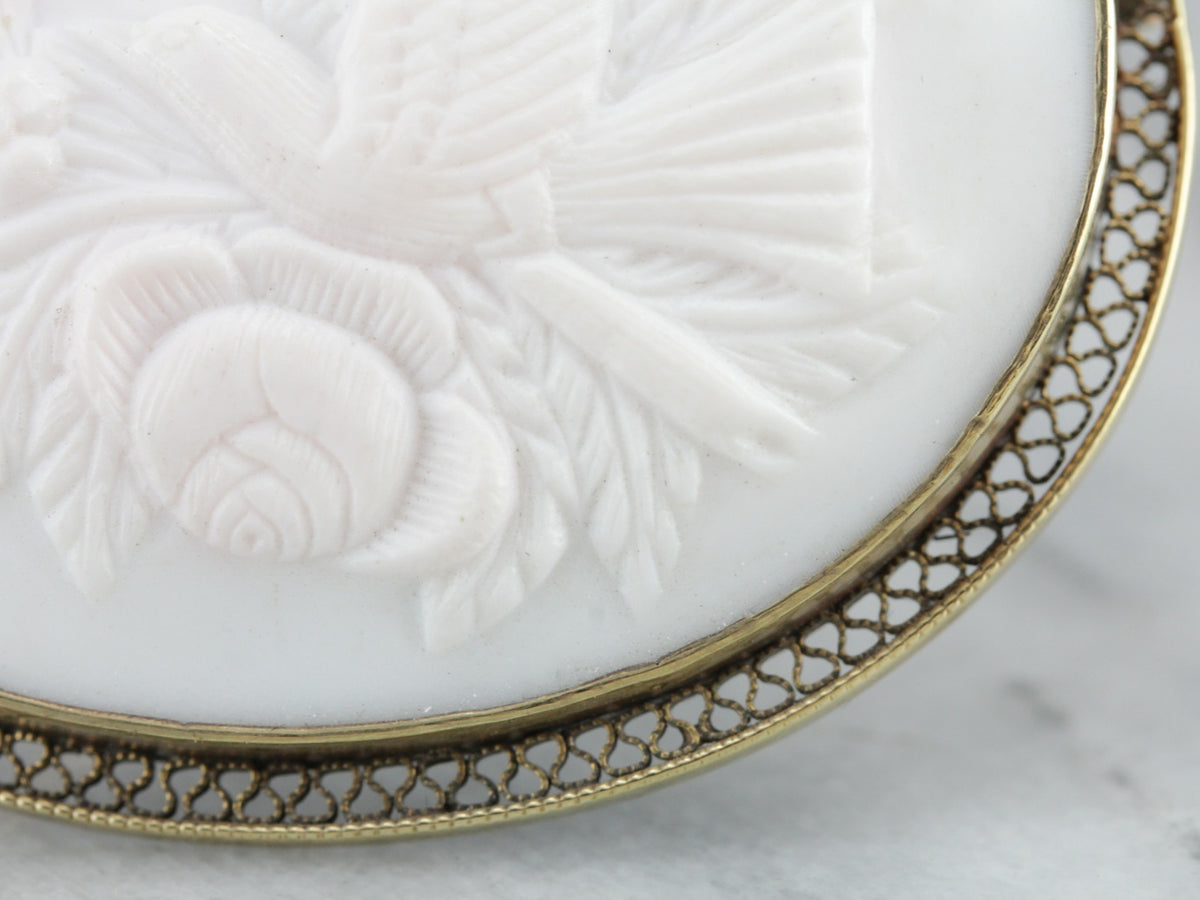 Exquisite Bird and Floral Bouquet Cameo Brooch