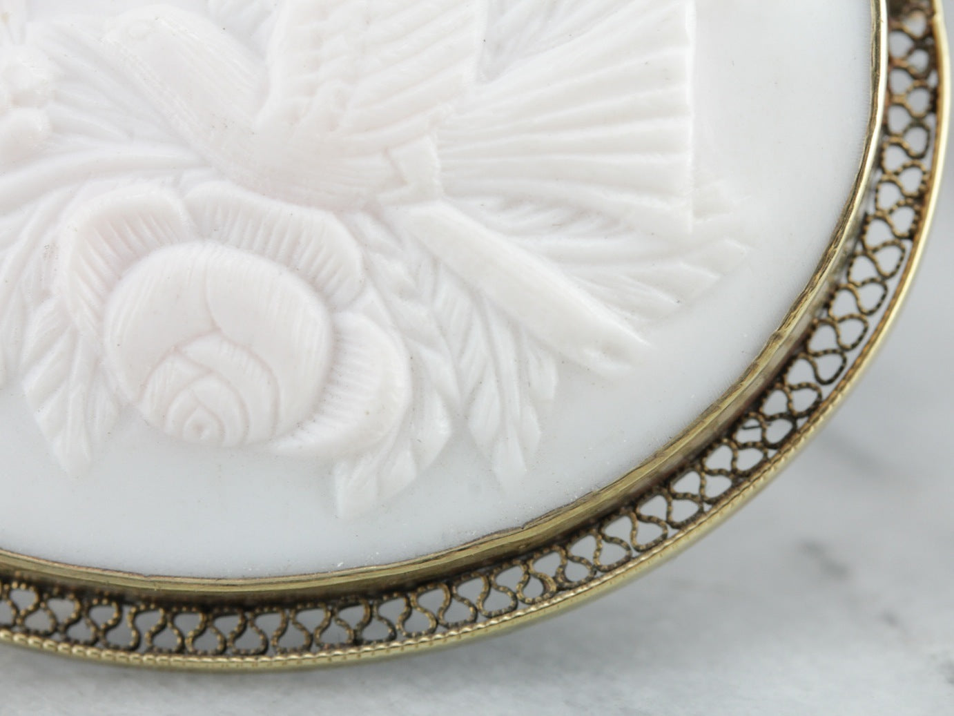 Exquisite Bird and Floral Bouquet Cameo Brooch