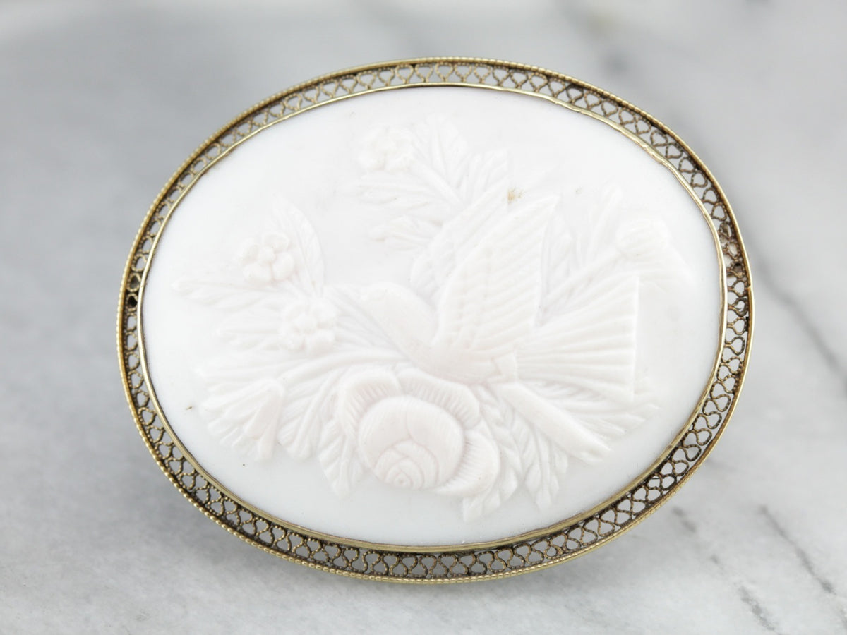 Exquisite Bird and Floral Bouquet Cameo Brooch