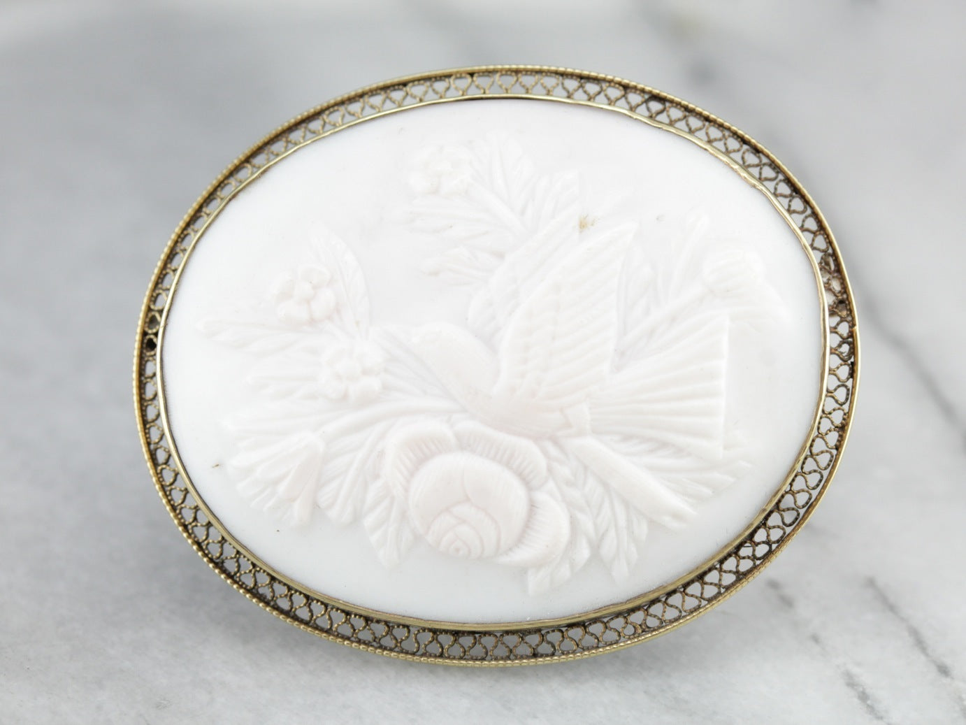 Exquisite Bird and Floral Bouquet Cameo Brooch