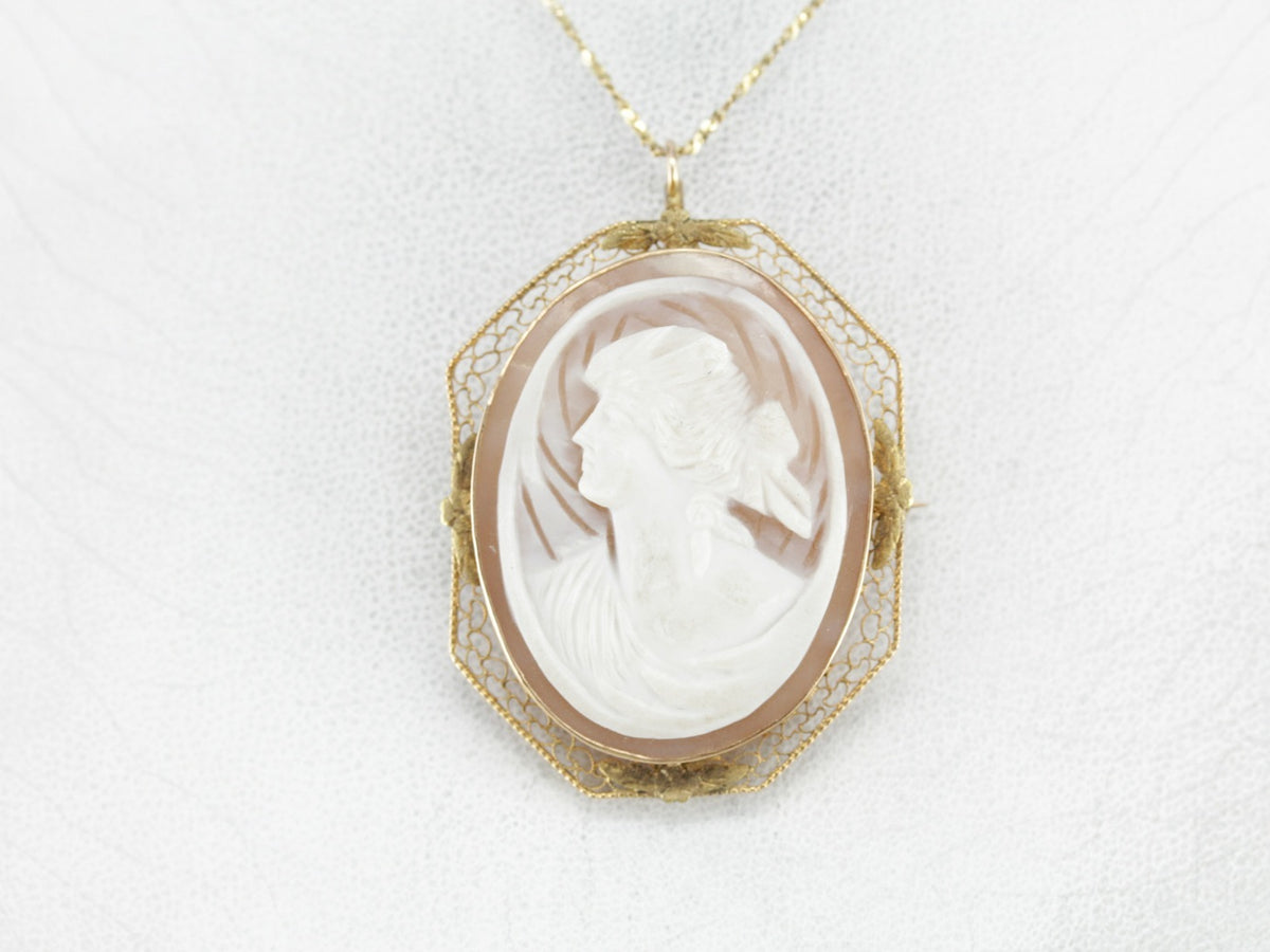 Colgante o broche de filigrana de oro Art Nouveau Cameo