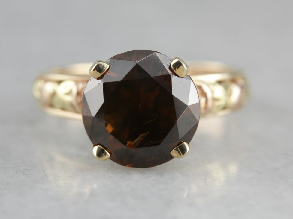 Brown Zircon in Vintage Tri Color Gold Ring