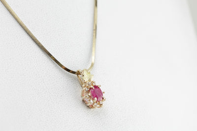 Sweet Ruby Halo Pendant with Antique Green Gold Leaf Accent