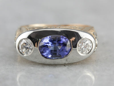 Modernist Masonic Men's Ring with Sapphire Center, Retro Era Setting with Ceylon Sapphire, One of a Kind