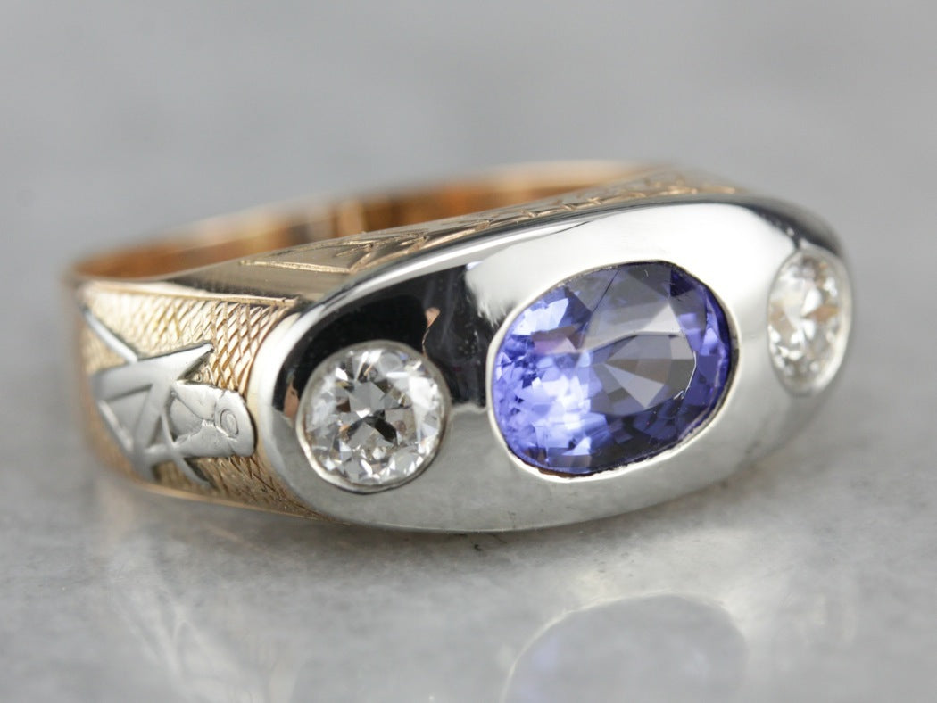 Modernist Masonic Men's Ring with Sapphire Center, Retro Era Setting with Ceylon Sapphire, One of a Kind