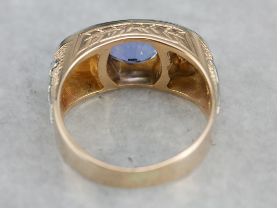 Modernist Masonic Men's Ring with Sapphire Center, Retro Era Setting with Ceylon Sapphire, One of a Kind