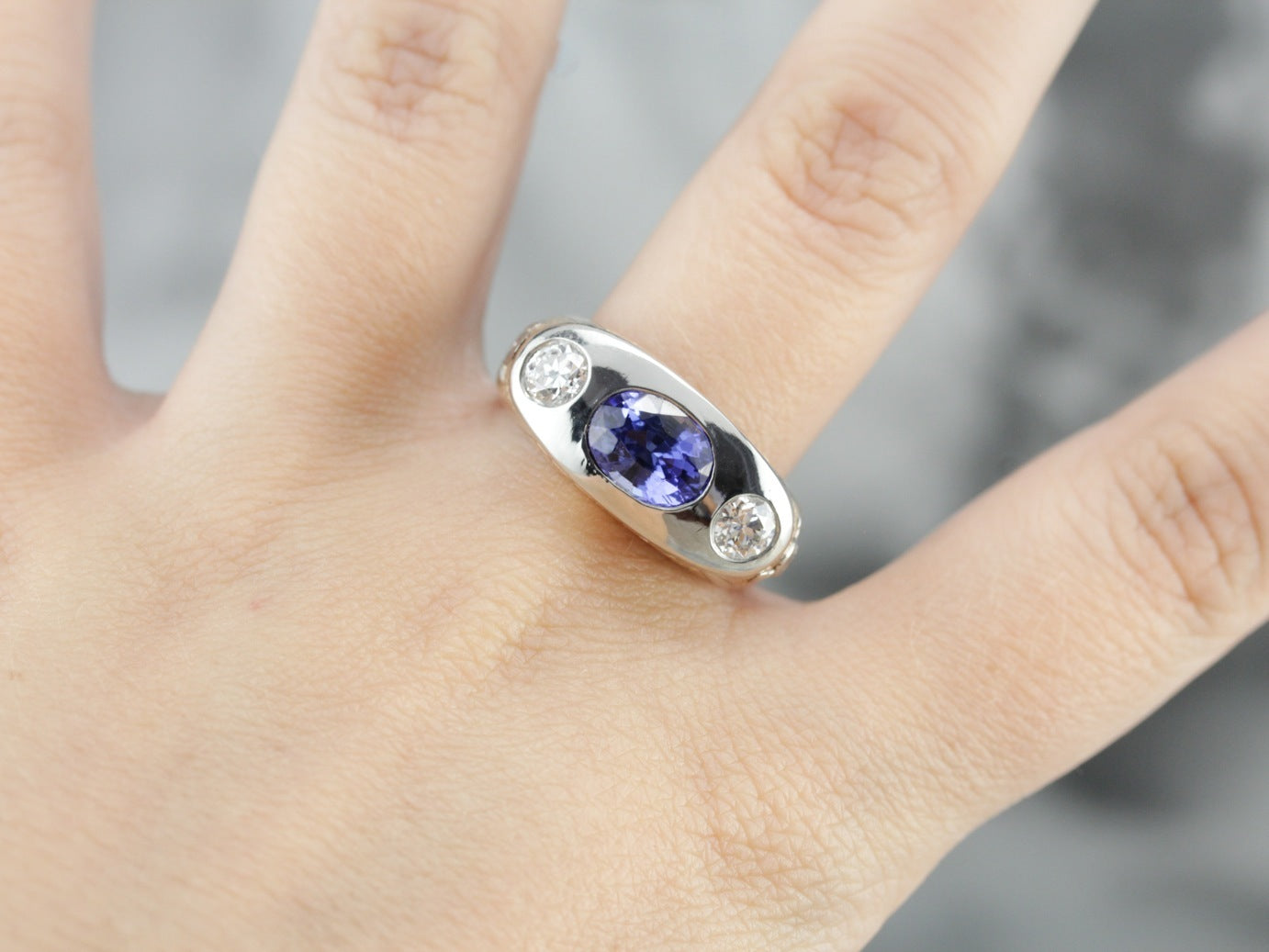 Modernist Masonic Men's Ring with Sapphire Center, Retro Era Setting with Ceylon Sapphire, One of a Kind