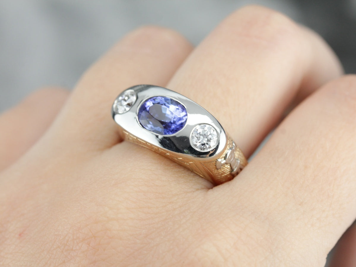 Modernist Masonic Men's Ring with Sapphire Center, Retro Era Setting with Ceylon Sapphire, One of a Kind