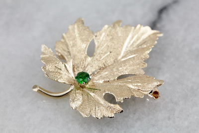 Golden Leaf Brooch with Demantoid Garnet Center
