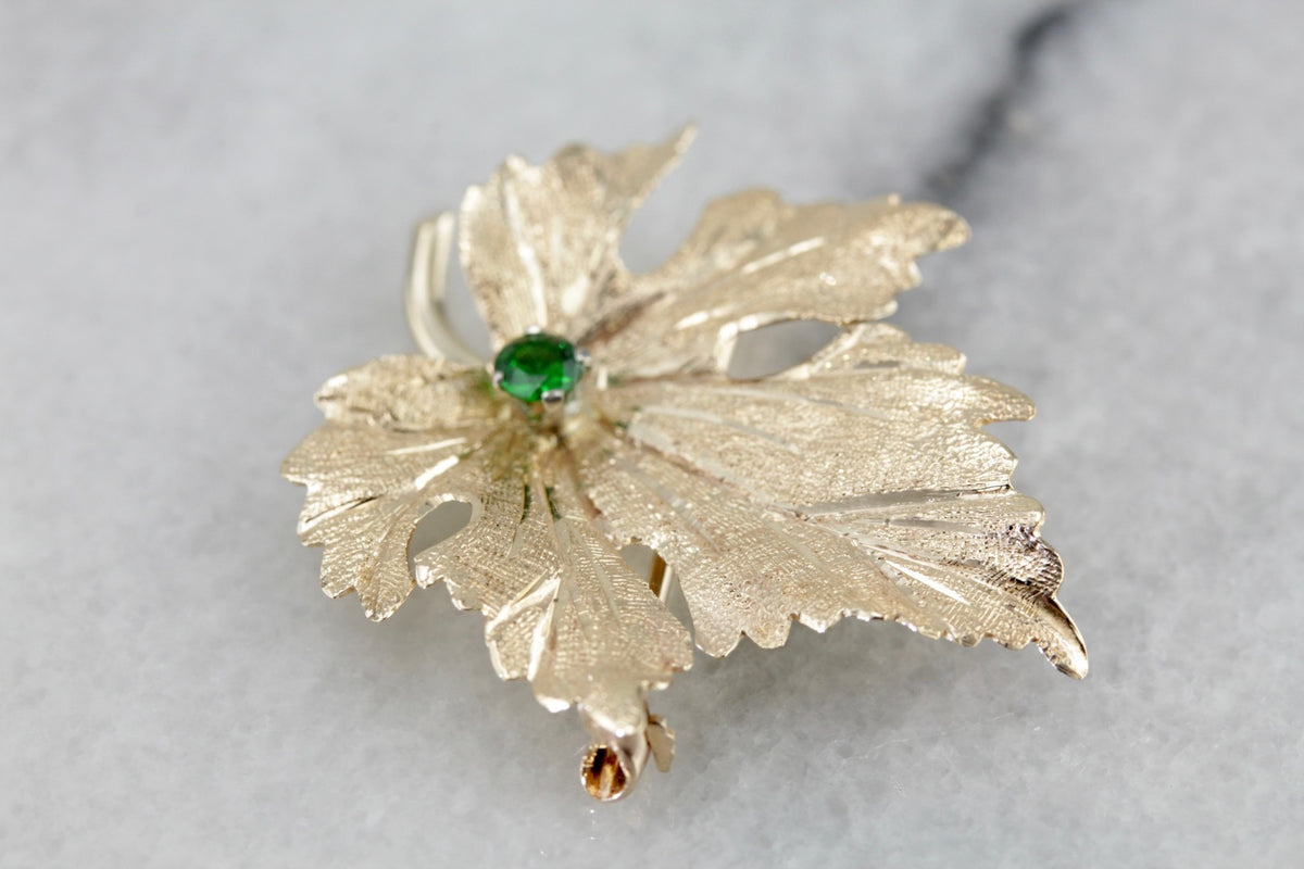 Golden Leaf Brooch with Demantoid Garnet Center