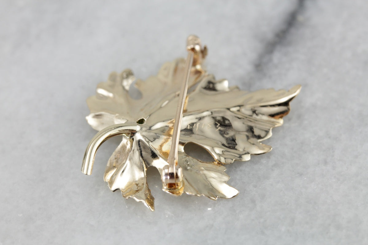Golden Leaf Brooch with Demantoid Garnet Center