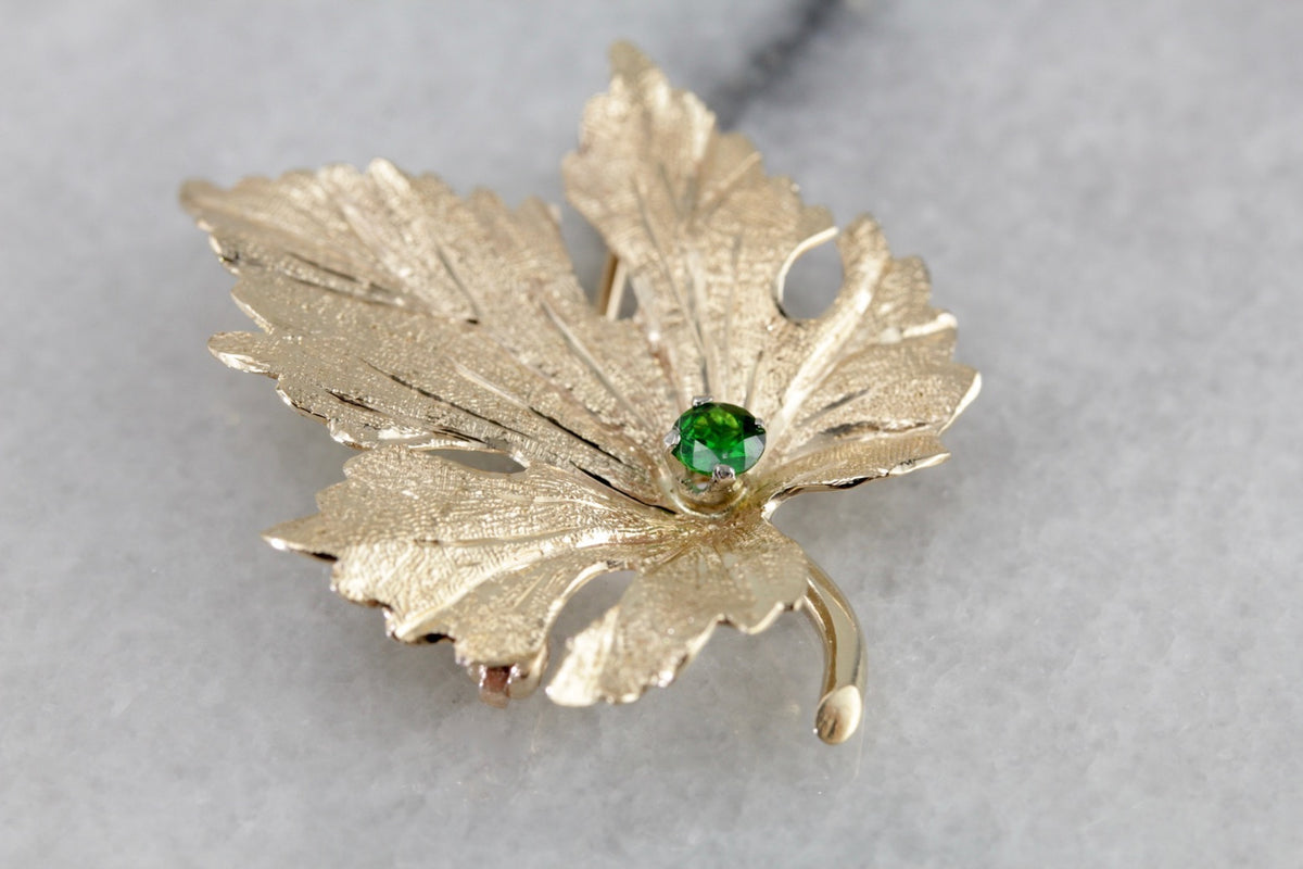 Golden Leaf Brooch with Demantoid Garnet Center