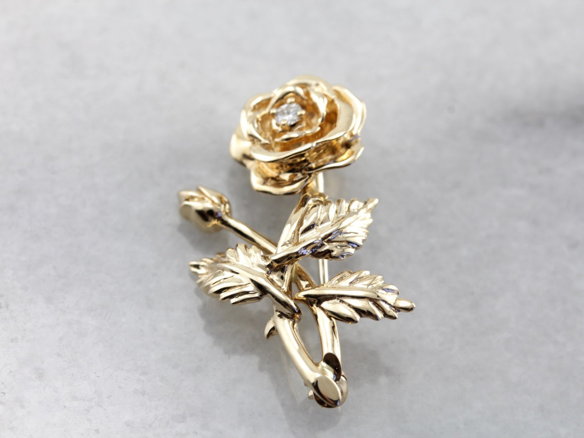 Vintage Diamond Rose Bud Pin in Yellow Gold